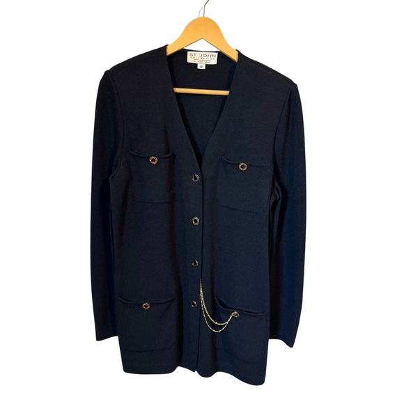 Vtg St. John Collection Black Santana Knit Gold Button Chain Cardigan Sweater 10 - Picture 1 of 7